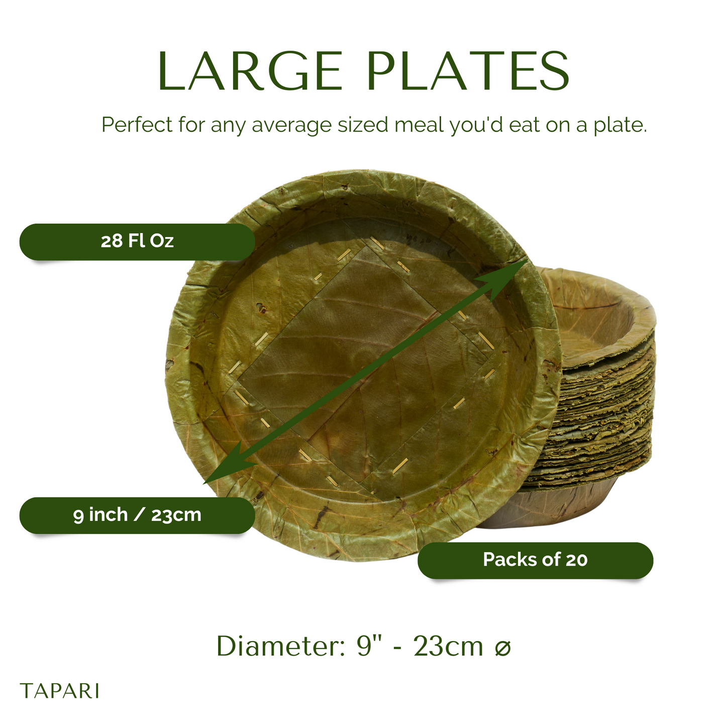 Large Sal Leaf Plates - 23cm / 9 inch diameter - Pack of 20