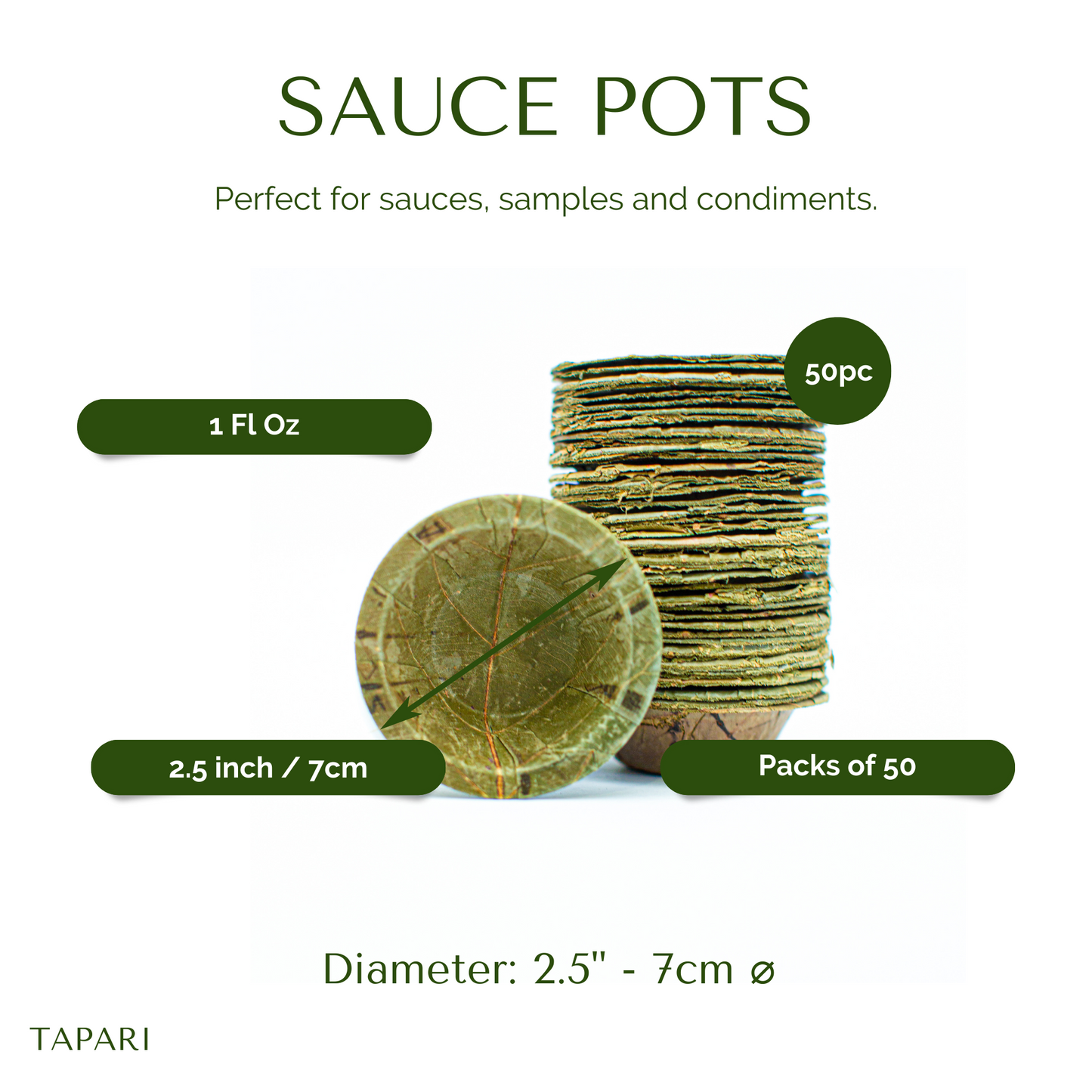 Mini Sal Leaf Sauce Pots - 7cm / 2.5 inch diameter - Pack of 50